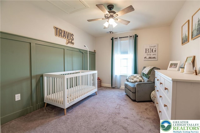 420 Rinaldi Ln, Forks Twp, PA 18040 - bedroom featuring a nursery area, light carpet, a ceiling fan, and attic access