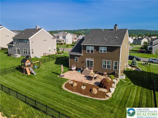 420 Rinaldi Ln, Forks Twp, PA 18040 - rear view of house featuring a residential view, a patio, entry steps, and a shingled roof