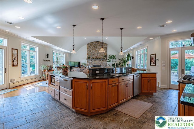 2650 Eagle Ln, Lower Saucon Twp, PA 18055 - kitchen featuring stainless steel dishwasher, a baseboard heating unit, vaulted ceiling, brown cabinetry, and recessed lighting