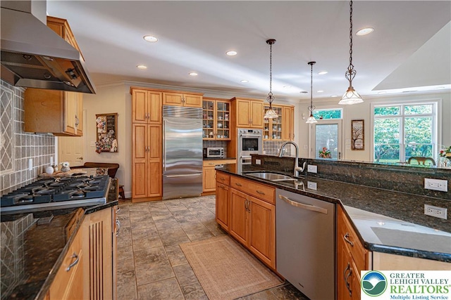 2650 Eagle Ln, Lower Saucon Twp, PA 18055 - kitchen with stainless steel appliances, extractor fan, recessed lighting, decorative light fixtures, and backsplash