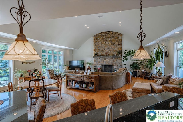 2650 Eagle Ln, Lower Saucon Twp, PA 18055 - living room featuring vaulted ceiling, wood finished floors, a fireplace, and recessed lighting