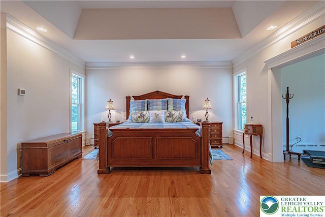 2650 Eagle Ln, Lower Saucon Twp, PA 18055 - bedroom with light wood-type flooring, ornamental molding, recessed lighting, and baseboard heating