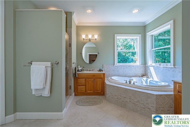 2650 Eagle Ln, Lower Saucon Twp, PA 18055 - full bath with vanity, a garden tub, a shower stall, crown molding, and tile patterned flooring