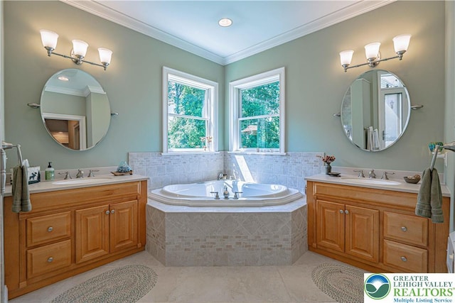 2650 Eagle Ln, Lower Saucon Twp, PA 18055 - bathroom with two vanities, tile patterned floors, a bath, and crown molding