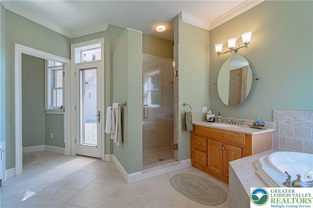 2650 Eagle Ln, Lower Saucon Twp, PA 18055 - bathroom with vanity, a stall shower, a bath, ornamental molding, and tile patterned flooring