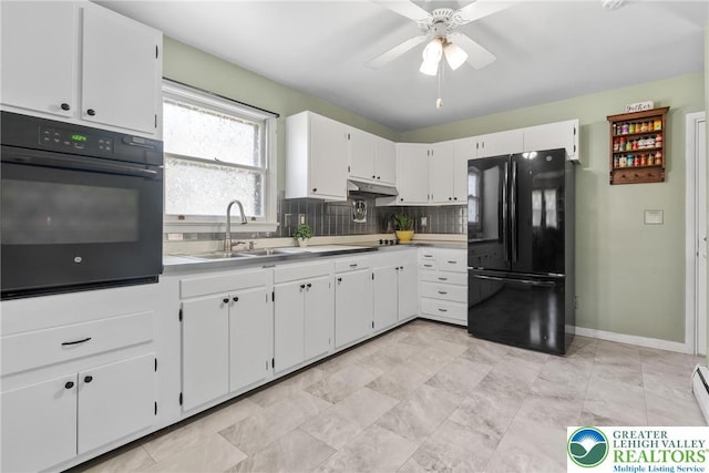 2213 W Woodlawn St, South Whitehall Twp, PA 18104 - kitchen featuring black appliances, backsplash, a ceiling fan, and white cabinets