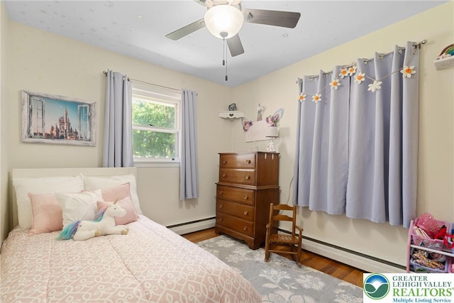 2213 W Woodlawn St, South Whitehall Twp, PA 18104 - bedroom with wood finished floors, a baseboard heating unit, and ceiling fan