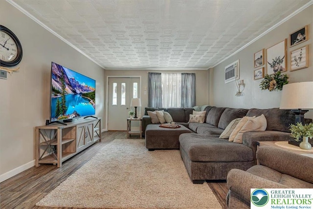 259 5th St, Coaldale Boro, PA 18218 - living area featuring crown molding, wood finished floors, and an AC wall unit