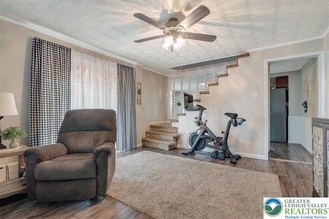 259 5th St, Coaldale Boro, PA 18218 - living area featuring stairway, crown molding, a ceiling fan, and wood finished floors