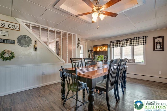 259 5th St, Coaldale Boro, PA 18218 - dining area featuring baseboard heating, wood finished floors, stairway, ceiling fan, and wainscoting