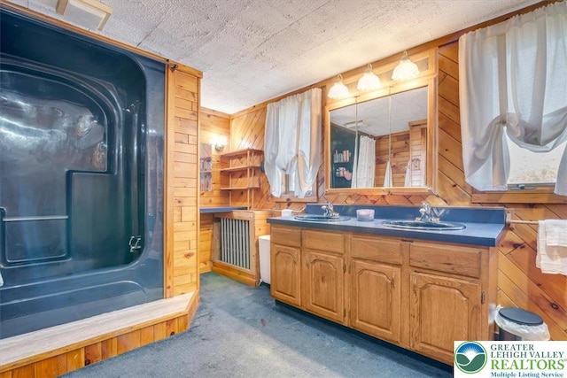259 5th St, Coaldale Boro, PA 18218 - bathroom with double vanity, wood walls, and a shower