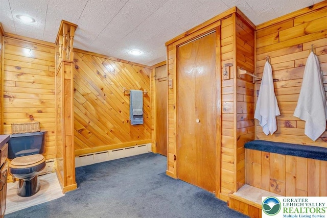 259 5th St, Coaldale Boro, PA 18218 - bathroom featuring wooden walls, a baseboard heating unit, and recessed lighting