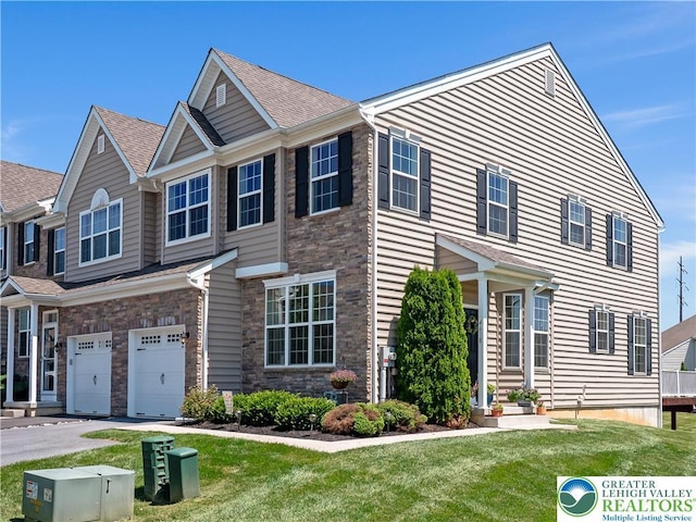 4618 Woodbrush Way, Upper Macungie Twp, PA 18104 - view of property featuring a garage, a front yard, driveway, roof with shingles, and stone siding