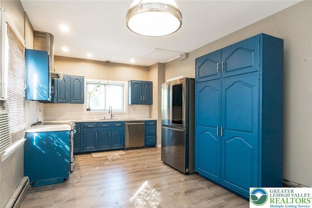 2103 N 1st Ave, Whitehall Twp, PA 18052 - kitchen with appliances with stainless steel finishes, blue cabinets, light wood-style flooring, backsplash, and light countertops