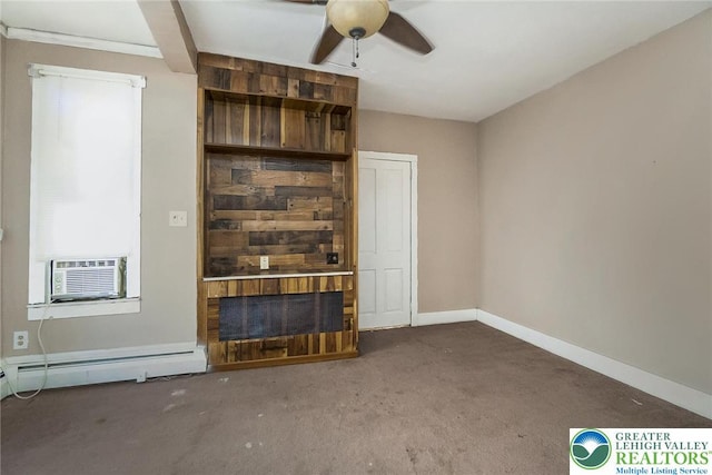 2103 N 1st Ave, Whitehall Twp, PA 18052 - unfurnished living room featuring carpet, a ceiling fan, a baseboard heating unit, a fireplace, and cooling unit