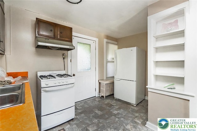 2103 N 1st Ave, Whitehall Twp, PA 18052 - kitchen featuring white appliances, under cabinet range hood, light countertops, radiator, and open shelves