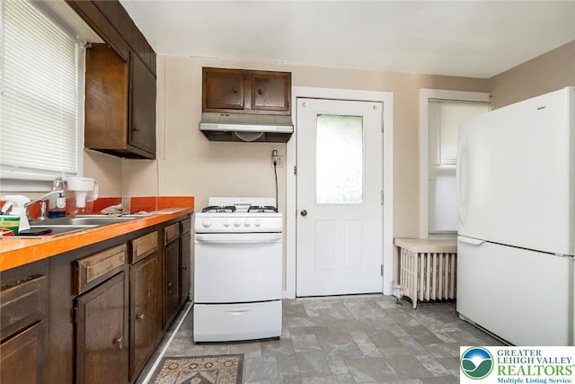 2103 N 1st Ave, Whitehall Twp, PA 18052 - kitchen with white appliances, under cabinet range hood, dark brown cabinets, stone finish floors, and radiator