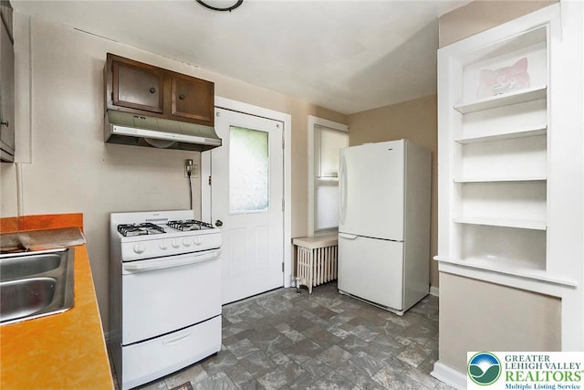 2103 N 1st Ave, Whitehall Twp, PA 18052 - kitchen featuring white appliances, under cabinet range hood, light countertops, radiator, and open shelves
