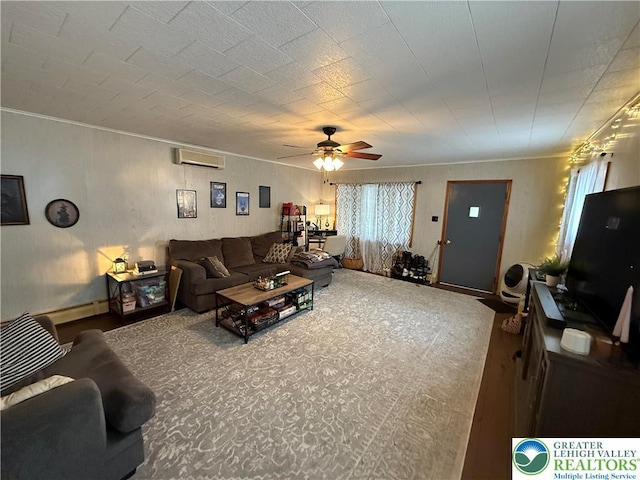 432 3rd St, Lehighton Boro, PA 18235 - living room featuring a wall unit AC, a ceiling fan, and ornamental molding