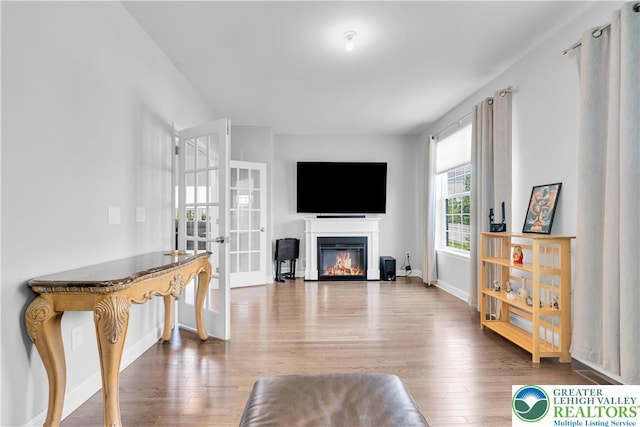 2835 Lenape, Forks Twp, PA 18040 - living room featuring wood finished floors, french doors, and a glass covered fireplace