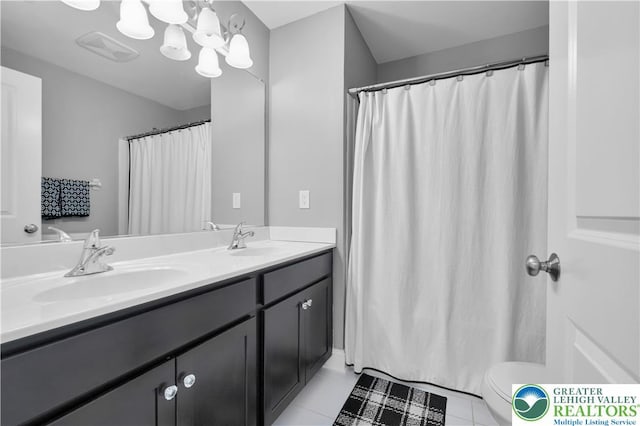 2835 Lenape, Forks Twp, PA 18040 - full bath featuring double vanity, tile patterned floors, a chandelier, and curtained shower