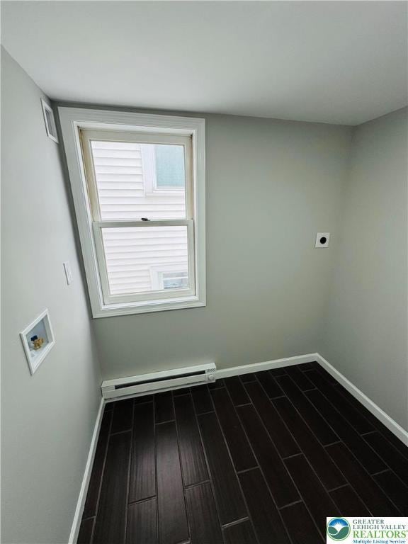 332 W Patterson St, Lansford Boro, PA 18232 - laundry area featuring baseboard heating, hookup for a washing machine, electric dryer hookup, and dark wood-type flooring