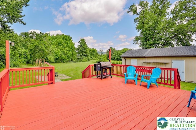 236 Moorestown Rd, Bushkill Twp, PA 18091 - wooden deck featuring a lawn, a grill, and a playground