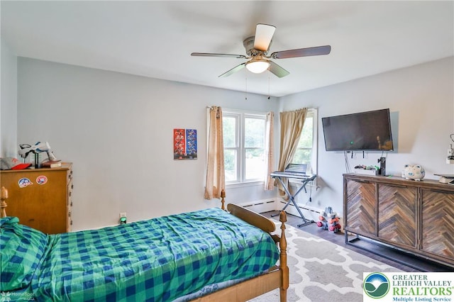 236 Moorestown Rd, Bushkill Twp, PA 18091 - bedroom with wood finished floors, a baseboard radiator, and a ceiling fan