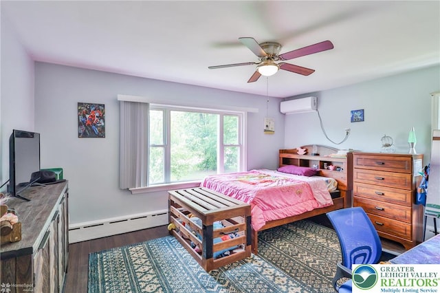 236 Moorestown Rd, Bushkill Twp, PA 18091 - bedroom with a baseboard radiator, a wall unit AC, dark wood finished floors, and a ceiling fan