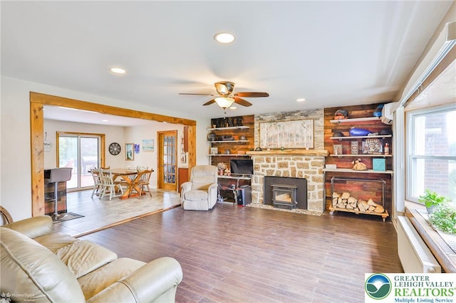 236 Moorestown Rd, Bushkill Twp, PA 18091 - living area featuring plenty of natural light, a ceiling fan, a fireplace, recessed lighting, and wood finished floors