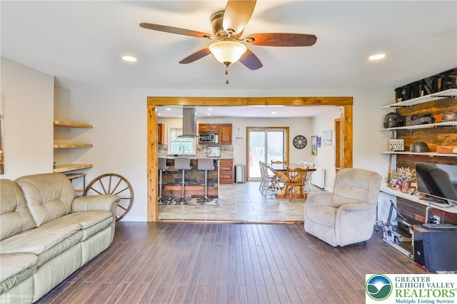 236 Moorestown Rd, Bushkill Twp, PA 18091 - living area with a ceiling fan, dark wood-style floors, and recessed lighting