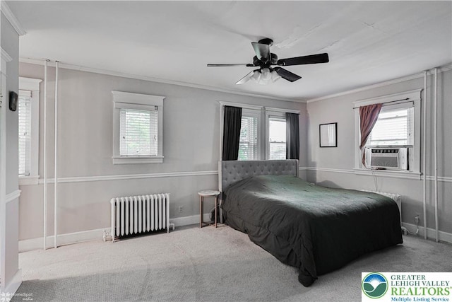 650 Highland Ave, Bethlehem City, PA 18018 - bedroom with radiator, cooling unit, crown molding, carpet floors, and ceiling fan