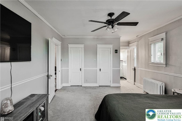 650 Highland Ave, Bethlehem City, PA 18018 - bedroom with radiator, crown molding, carpet, and ceiling fan