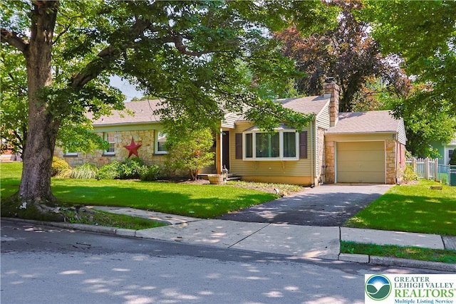 1882 Ridgelawn Ave, Bethlehem City, PA 18018 - view of property hidden behind natural elements featuring stone siding, asphalt driveway, an attached garage, and a chimney