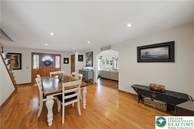 3224 Middle Easton Belmont Pike, Hamilton Twp, PA 18360 - dining room featuring recessed lighting, light wood-type flooring, and stairs