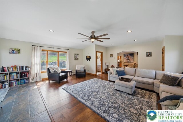 3224 Middle Easton Belmont Pike, Hamilton Twp, PA 18360 - living room with ceiling fan, recessed lighting, dark wood-style flooring, and arched walkways