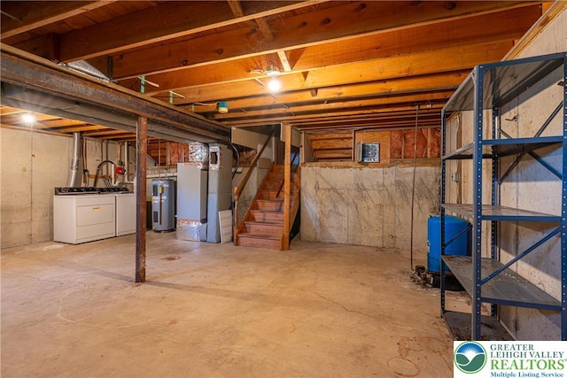 4834 Maple St, Lower Mt Bethel Twp, PA 18013 - unfinished below grade area featuring water heater, washing machine and clothes dryer, a water pressure tank, heating unit, and stairs