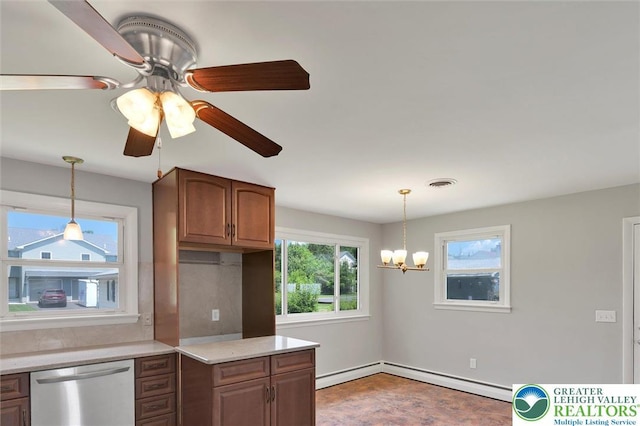 217 2nd St, Walnutport Boro, PA 18088 - kitchen featuring dishwasher, ceiling fan, light countertops, hanging light fixtures, and a chandelier