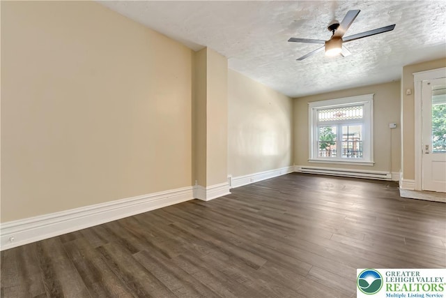1744 W Chew St, Allentown City, PA 18104 - unfurnished living room with a baseboard radiator, dark wood-style flooring, a textured ceiling, and a ceiling fan
