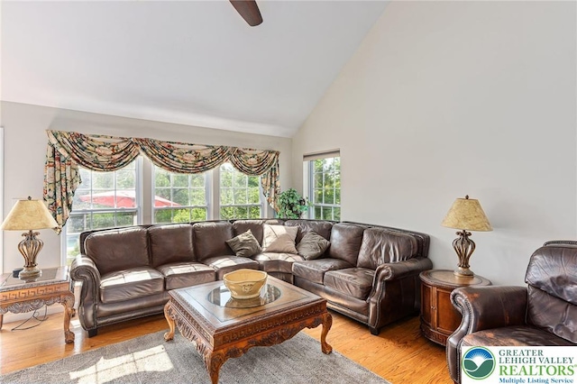 441 Sawgrass Dr, Upper Macungie Twp, PA 18104 - living area featuring light wood finished floors, a ceiling fan, and high vaulted ceiling