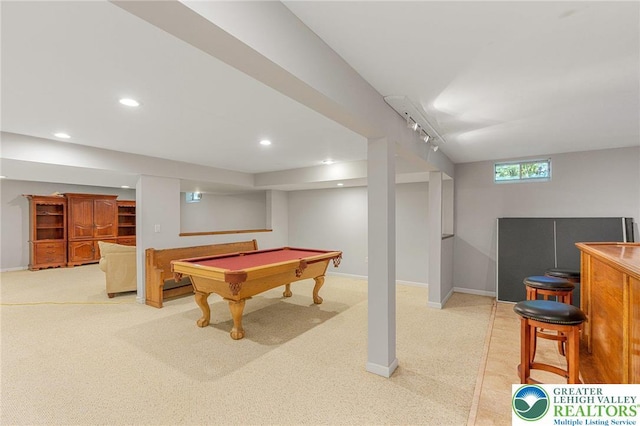 441 Sawgrass Dr, Upper Macungie Twp, PA 18104 - game room featuring pool table, light colored carpet, and recessed lighting
