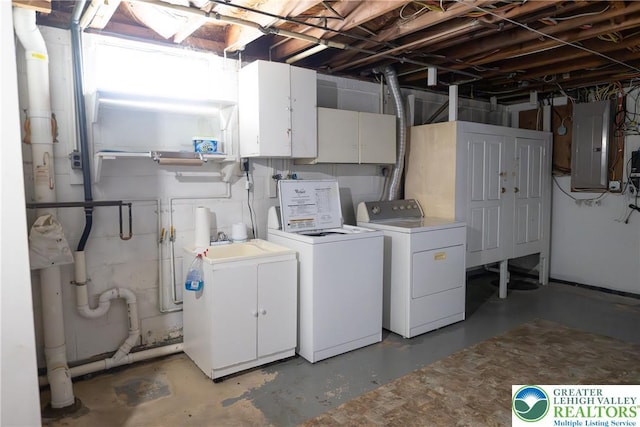 laundry area with electric panel, cabinet space, and washer and clothes dryer