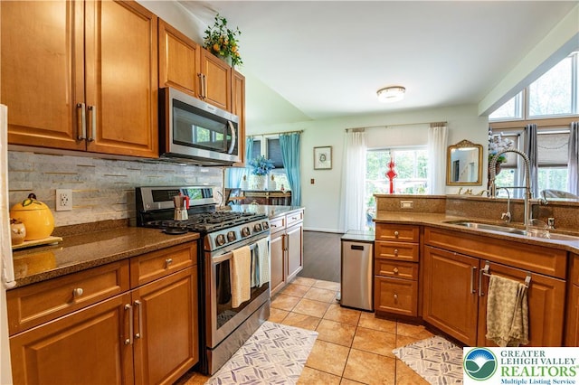 6 Westridge Ct, Middle Smithfield Twp, PA 18302 - kitchen featuring appliances with stainless steel finishes, brown cabinets, decorative backsplash, and healthy amount of natural light