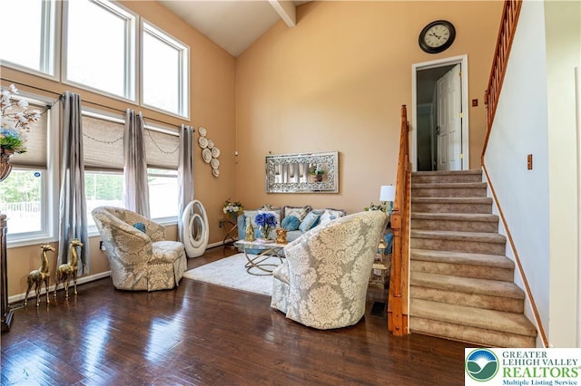 6 Westridge Ct, Middle Smithfield Twp, PA 18302 - living room with stairs, wood-type flooring, and high vaulted ceiling
