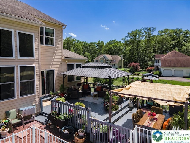 6 Westridge Ct, Middle Smithfield Twp, PA 18302 - wooden terrace featuring outdoor dining area, an outdoor hangout area, and a gazebo