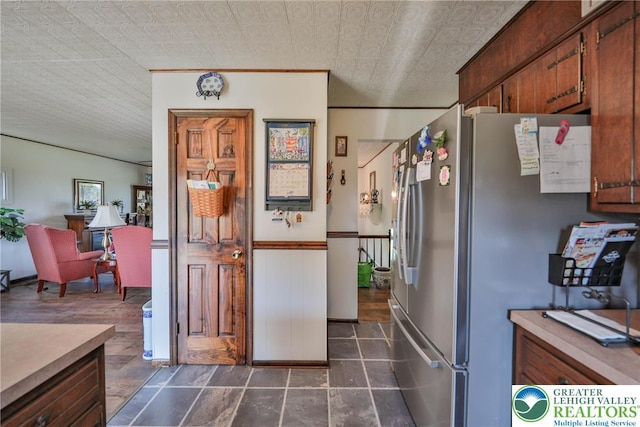 70 Faust N Rd, Pa, PA 19507 - kitchen featuring freestanding refrigerator, light countertops, and an ornate ceiling