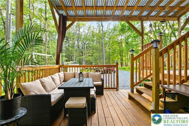 149 Deer Path Ln, Tobyhanna Twp, PA 18346 - wooden deck featuring outdoor lounge area and stairs