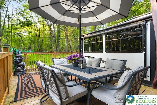 149 Deer Path Ln, Tobyhanna Twp, PA 18346 - wooden terrace with outdoor dining space