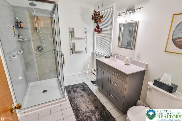 388 Kohls Rd, Allen Twp, PA 18067 - full bath with vanity, tile patterned floors, a shower stall, and a baseboard heating unit