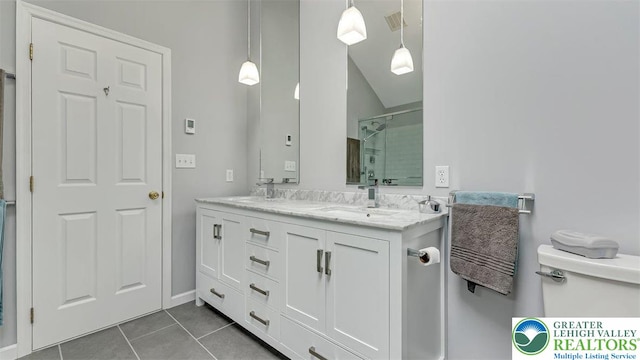 310 Spyglass Hill Rd, Bath Boro, PA 18014 - full bath featuring tile patterned flooring, double vanity, a shower with shower door, and lofted ceiling